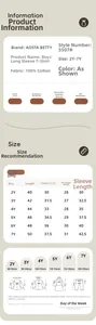 Size chart for boys' long sleeve cotton t-shirt showing detailed measurements and washing tips