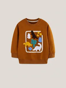 Brown kids sweatshirt featuring colorful dinosaur embroidery and ribbed details