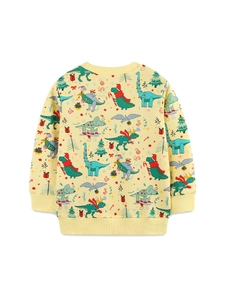 Yellow kids sweatshirt with Christmas dinosaur print and ribbed cuffs in cotton knit