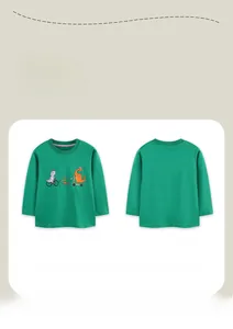 Front and back views of a green long-sleeve kids t-shirt with dinosaur cartoon print