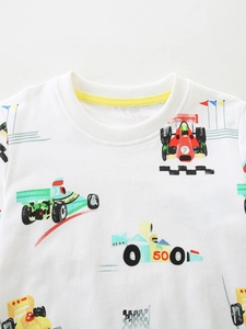 Weißes Baumwoll-Sweatshirt für Jungen mit Cartoon-Rennwagen-Print und Rundhalsausschnitt