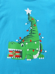 Sky blue boy long sleeve T-shirt with Christmas dinosaur and gift box print