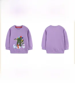 Detailed front and back view of girls' lavender cotton sweatshirt with dinosaur patch
