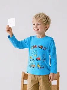 Boys Long Sleeve Cotton T-Shirt Fashion Construction Vehicle Print Crew Neck Top Blue Kids Autumn Casual Sportswear