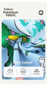 Detail of soft 100% cotton fabric with cartoon dinosaur print for kids t-shirt