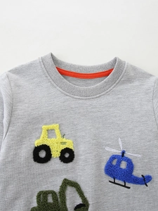 Boys gray cotton sweatshirt with colorful cartoon vehicle towel embroidery
