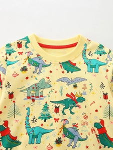 Boys Christmas sweatshirt with dinosaur prints in warm yellow, long sleeves crew neck