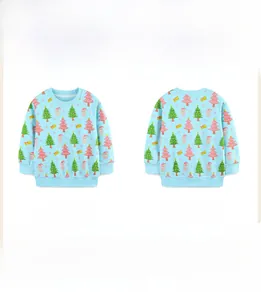 Detailed front and back view of blue kids Christmas sweatshirt with festive prints
