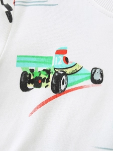 Weißes Jungen-Sweatshirt mit grünem Rennwagen-Aufdruck und der Startnummer 12 Design