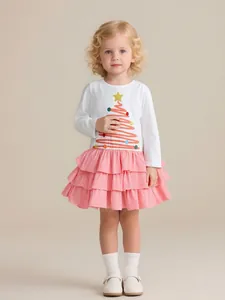 Girls Christmas Dress Long Sleeve Cotton Patchwork Princess Dress Pink Polka Dot Ruffle Hem Holiday Party Clothes For Kids