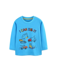 Blue kids long sleeve T-shirt with cartoon construction vehicle prints and I Can Dig It text