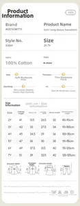 Size guide for girls 100% cotton sweatshirt with measurements from 2Y to 7Y ages