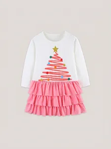 Girl's long-sleeve Christmas dress with white top, tree print and pink tiered polka dot skirt