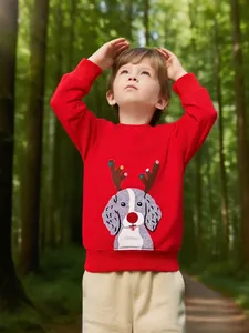 Girls Christmas Cotton Sweatshirt Embroidered Cartoon Dog Reindeer Horns Long Sleeve Pullover Autumn Knit Sweatshirt Top
