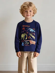 Boys Long Sleeve Cotton T-Shirt Navy Blue Dinosaur Animal Print Round Neck Casual Pullover Top For Kids Autumn Wear