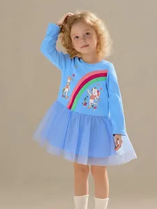 Girls Long Sleeve Princess Dress Cotton Mesh Tutu Skirt Rabbit Rainbow Embroidery Casual Western Style Autumn Spring Clothing