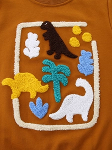 Kids dinosaur sweatshirt featuring detailed chenille embroidery on yellow cotton fabric