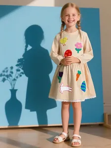 Toddler Girls Long Sleeve Cotton Dress Cute Animal Floral Embroidery Princess Party Dress Easter Holiday Clothing