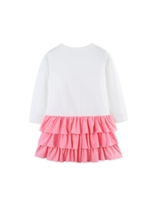 Girls long sleeve princess dress with pink polka dot tiered skirt and white cotton top
