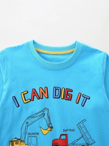 Kids long sleeve blue sweatshirt with construction truck print and colorful text