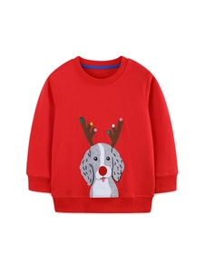 Kids bright red Christmas sweatshirt with cartoon dog and reindeer antlers embroidery