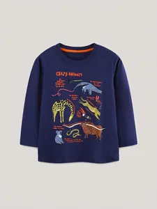 Boys long sleeve navy cotton T-shirt featuring colorful cartoon animal print