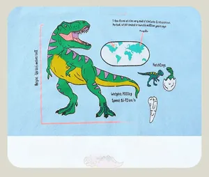 Detail of light blue cotton t-shirt featuring dinosaur T-Rex educational print and fabric texture