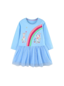 Sky blue long sleeve dress for girls with cute rabbit embroidery and tiered tutu mesh skirt
