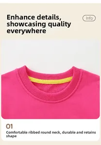 Close-up of pink cotton sweatshirt ribbed crewneck with yellow reinforced neck tape