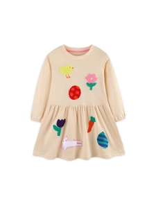 Long-sleeve cotton girl princess dress in beige featuring colorful cartoon embroidery