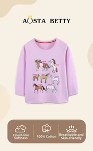 Détail du t-shirt manches longues rose 100% coton pour fille avec imprimé cheval
