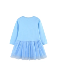 Light blue long sleeve dress for girls featuring a soft knit top and layered tulle skirt