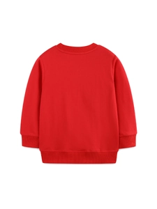 Kids red crew neck sweatshirt featuring ribbed cuffs and a festive Christmas design