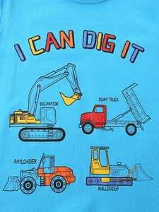 Boys bright blue cotton T-shirt featuring colorful cartoon construction vehicle prints