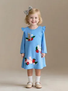 Robe de Princesse à Manches Longues pour Filles en Tricot de Coton Brodé Lapin et Épaule à Volants Vêtements Enfants
