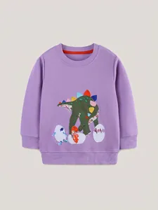 Girls purple cotton sweatshirt featuring dinosaur patch embroidery and round neck design