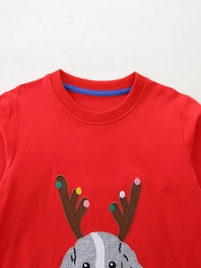 Girls red Christmas sweatshirt with embroidered cartoon reindeer and colorful pom-poms