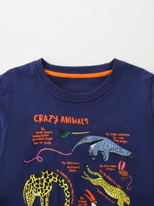 Boys navy blue round neck t-shirt with colorful cartoon animal print and orange piping