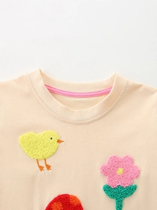 Girls long sleeve princess dress with cute chenille chicken and flower embroidery