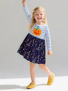 Robe de Princesse Halloween à Manches Longues pour Filles 100% Coton Rayé Imprimé Citrouille Robe Tutu de Fête Mignonne pour Enfants