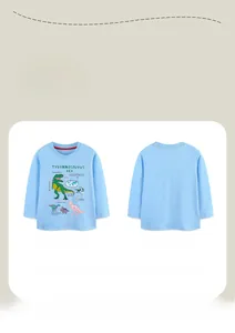 Front and back detail of light blue kids dinosaur T-shirt with Tyrannosaurus Rex print
