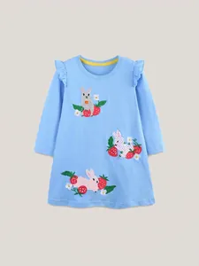 Robe fille en coton bleu clair à manches longues avec broderie lapin et volants