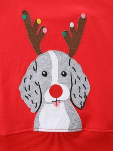 Girls red Christmas sweatshirt featuring a cute embroidered cartoon reindeer dog design