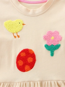 Girls long sleeve knit princess dress featuring cute chicken and floral towel embroidery