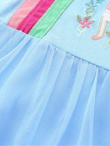 Girls light blue dress with knit cotton top and floral embroidery detail mesh skirt