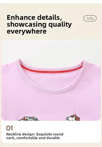 Gros plan du col rond d'un t-shirt rose pour fille avec des coutures doubles renforcées