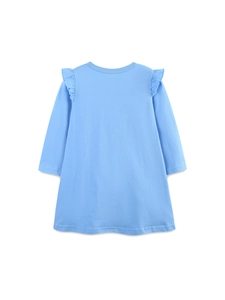 Robe fille en coton bleu clair à manches longues avec broderie lapin et volants
