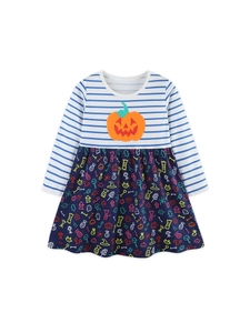 Robe fille à manches longues, rayures bleues et motifs Halloween multicolores