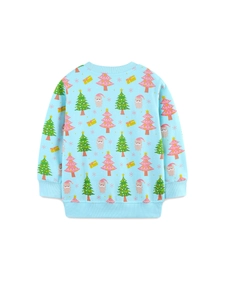 Kids sky blue Christmas sweatshirt with Santa and tree patterns in soft cotton knit