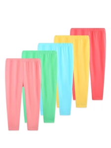 Lot de cinq leggings en coton pour filles aux couleurs vives rose, vert, bleu et jaune